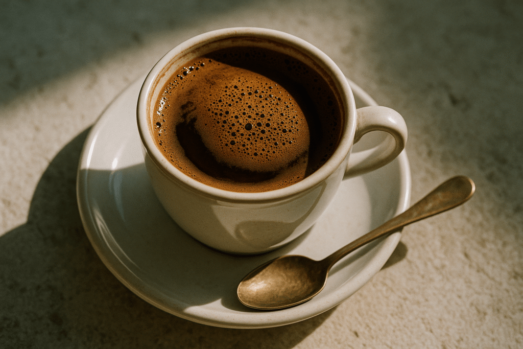 Greek coffee brew with foamy bubbles at the top. 
