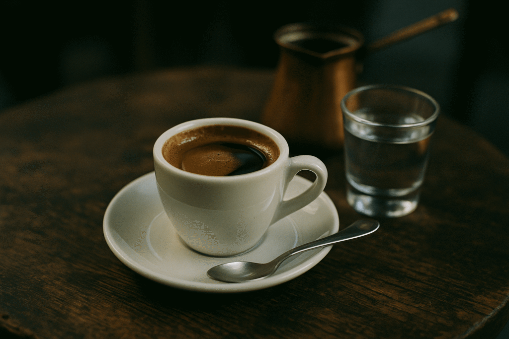 Greek Coffee sitting next to a water glass with Briki