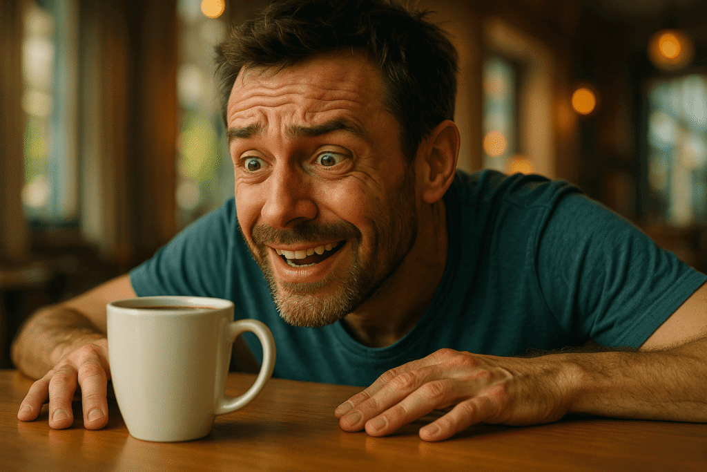 man anxiously looking at empty coffee cup while withdrawing from coffee