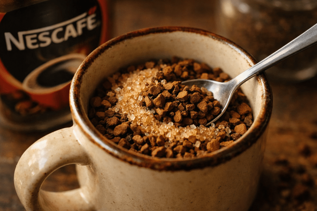 Nescafe instant coffee granules filled in a cup with sugar and a metal spoon