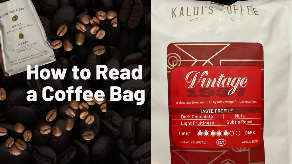 how to read a coffee bag text overlayed on coffee beans and a vintage kaldi coffee bag